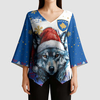 Kosovo Christmas Kimono Sleeve Blouse with Santa Wolf Snowflakes Blue Pattern and National Emblem - Wonder Print Shop