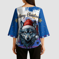 Kosovo Christmas Kimono Sleeve Blouse with Santa Wolf Snowflakes Blue Pattern and National Emblem - Wonder Print Shop