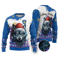 Kosovo Christmas Ugly Christmas Sweater with Santa Wolf Snowflakes Blue Pattern and National Emblem - Wonder Print Shop