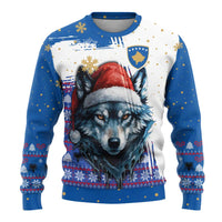 Kosovo Christmas Ugly Christmas Sweater with Santa Wolf Snowflakes Blue Pattern and National Emblem - Wonder Print Shop