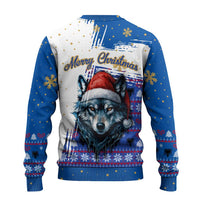 Kosovo Christmas Ugly Christmas Sweater with Santa Wolf Snowflakes Blue Pattern and National Emblem - Wonder Print Shop