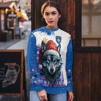 Kosovo Christmas Ugly Christmas Sweater with Santa Wolf Snowflakes Blue Pattern and National Emblem - Wonder Print Shop