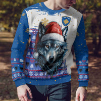 Kosovo Christmas Ugly Christmas Sweater with Santa Wolf Snowflakes Blue Pattern and National Emblem - Wonder Print Shop