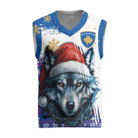 Kosovo Christmas Knitted V-Neck Vest with Santa Wolf Snowflakes Blue Pattern and National Emblem - Wonder Print Shop