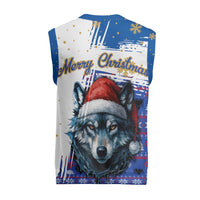 Kosovo Christmas Knitted V-Neck Vest with Santa Wolf Snowflakes Blue Pattern and National Emblem - Wonder Print Shop