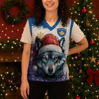 Kosovo Christmas Knitted V-Neck Vest with Santa Wolf Snowflakes Blue Pattern and National Emblem - Wonder Print Shop