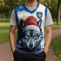 Kosovo Christmas Knitted V-Neck Vest with Santa Wolf Snowflakes Blue Pattern and National Emblem - Wonder Print Shop