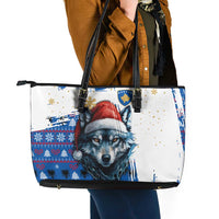 Kosovo Christmas Leather Tote Bag with Santa Wolf Snowflakes Blue Pattern and National Emblem - Wonder Print Shop