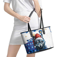 Kosovo Christmas Leather Tote Bag with Santa Wolf Snowflakes Blue Pattern and National Emblem - Wonder Print Shop