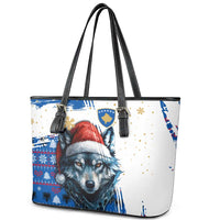Kosovo Christmas Leather Tote Bag with Santa Wolf Snowflakes Blue Pattern and National Emblem - Wonder Print Shop
