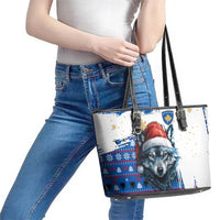 Kosovo Christmas Leather Tote Bag with Santa Wolf Snowflakes Blue Pattern and National Emblem - Wonder Print Shop
