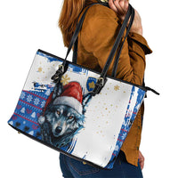 Kosovo Christmas Leather Tote Bag with Santa Wolf Snowflakes Blue Pattern and National Emblem - Wonder Print Shop