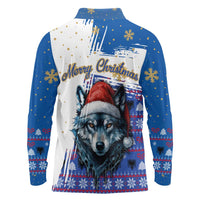 Kosovo Christmas Long Sleeve Polo Shirt with Santa Wolf Snowflakes Blue Pattern and National Emblem - Wonder Print Shop