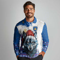 Kosovo Christmas Long Sleeve Polo Shirt with Santa Wolf Snowflakes Blue Pattern and National Emblem - Wonder Print Shop
