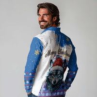 Kosovo Christmas Long Sleeve Polo Shirt with Santa Wolf Snowflakes Blue Pattern and National Emblem - Wonder Print Shop