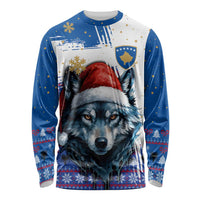 Kosovo Christmas Long Sleeve Shirt with Santa Wolf Snowflakes Blue Pattern and National Emblem - Wonder Print Shop