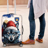 Kosovo Christmas Luggage Cover with Santa Wolf Snowflakes Blue Pattern and National Emblem - Wonder Print Shop