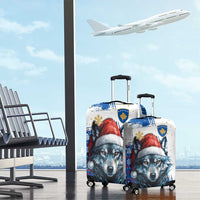 Kosovo Christmas Luggage Cover with Santa Wolf Snowflakes Blue Pattern and National Emblem - Wonder Print Shop