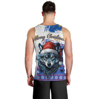 Kosovo Christmas Men Tank Top with Santa Wolf Snowflakes Blue Pattern and National Emblem - Wonder Print Shop