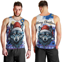 Kosovo Christmas Men Tank Top with Santa Wolf Snowflakes Blue Pattern and National Emblem - Wonder Print Shop