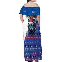 Kosovo Christmas Off Shoulder Maxi Dress with Santa Wolf Snowflakes Blue Pattern and National Emblem - Wonder Print Shop
