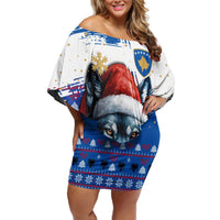 Kosovo Christmas Off Shoulder Short Dress with Santa Wolf Snowflakes Blue Pattern and National Emblem - Wonder Print Shop