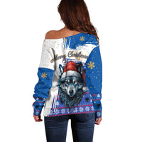 Kosovo Christmas Off Shoulder Sweater with Santa Wolf Snowflakes Blue Pattern and National Emblem - Wonder Print Shop