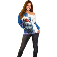 Kosovo Christmas Off Shoulder Sweater with Santa Wolf Snowflakes Blue Pattern and National Emblem - Wonder Print Shop