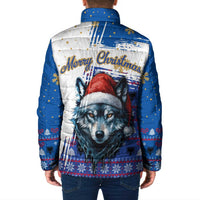 Kosovo Christmas Padded Jacket with Santa Wolf Snowflakes Blue Pattern and National Emblem - Wonder Print Shop