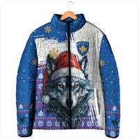Kosovo Christmas Padded Jacket with Santa Wolf Snowflakes Blue Pattern and National Emblem - Wonder Print Shop