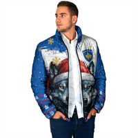 Kosovo Christmas Padded Jacket with Santa Wolf Snowflakes Blue Pattern and National Emblem - Wonder Print Shop