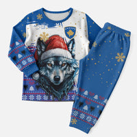 Kosovo Christmas Pajama Set with Santa Wolf Snowflakes Blue Pattern and National Emblem - Wonder Print Shop