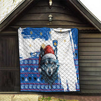 Kosovo Christmas Quilt with Santa Wolf Snowflakes Blue Pattern and National Emblem - Wonder Print Shop