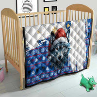 Kosovo Christmas Quilt with Santa Wolf Snowflakes Blue Pattern and National Emblem - Wonder Print Shop