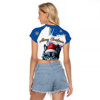 Kosovo Christmas Raglan Cropped T Shirt with Santa Wolf Snowflakes Blue Pattern and National Emblem - Wonder Print Shop