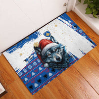Kosovo Christmas Rubber Doormat with Santa Wolf Snowflakes Blue Pattern and National Emblem - Wonder Print Shop