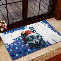 Kosovo Christmas Rubber Doormat with Santa Wolf Snowflakes Blue Pattern and National Emblem - Wonder Print Shop