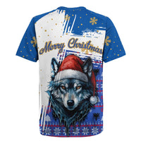 Kosovo Christmas Rugby Jersey with Santa Wolf Snowflakes Blue Pattern and National Emblem - Wonder Print Shop