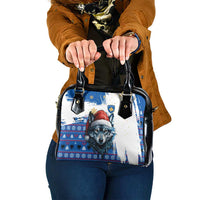 Kosovo Christmas Shoulder Handbag with Santa Wolf Snowflakes Blue Pattern and National Emblem - Wonder Print Shop