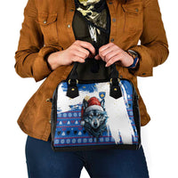 Kosovo Christmas Shoulder Handbag with Santa Wolf Snowflakes Blue Pattern and National Emblem - Wonder Print Shop