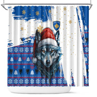 Kosovo Christmas Shower Curtain with Santa Wolf Snowflakes Blue Pattern and National Emblem - Wonder Print Shop