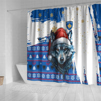 Kosovo Christmas Shower Curtain with Santa Wolf Snowflakes Blue Pattern and National Emblem - Wonder Print Shop