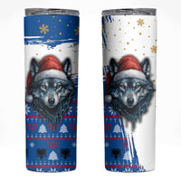 Kosovo Christmas Skinny Tumbler with Santa Wolf Snowflakes Blue Pattern and National Emblem - Wonder Print Shop