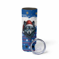 Kosovo Christmas Skinny Tumbler with Santa Wolf Snowflakes Blue Pattern and National Emblem - Wonder Print Shop