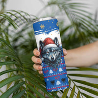 Kosovo Christmas Skinny Tumbler with Santa Wolf Snowflakes Blue Pattern and National Emblem - Wonder Print Shop
