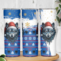 Kosovo Christmas Skinny Tumbler with Santa Wolf Snowflakes Blue Pattern and National Emblem - Wonder Print Shop