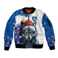 Kosovo Christmas Sleeve Zip Bomber Jacket with Santa Wolf Snowflakes Blue Pattern and National Emblem - Wonder Print Shop