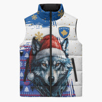 Kosovo Christmas Sleeveless Puffer Jacket with Santa Wolf Snowflakes Blue Pattern and National Emblem - Wonder Print Shop