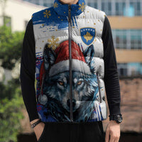 Kosovo Christmas Sleeveless Puffer Jacket with Santa Wolf Snowflakes Blue Pattern and National Emblem - Wonder Print Shop