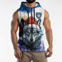 Kosovo Christmas Sleeveless Zip Hoodie with Santa Wolf Snowflakes Blue Pattern and National Emblem - Wonder Print Shop